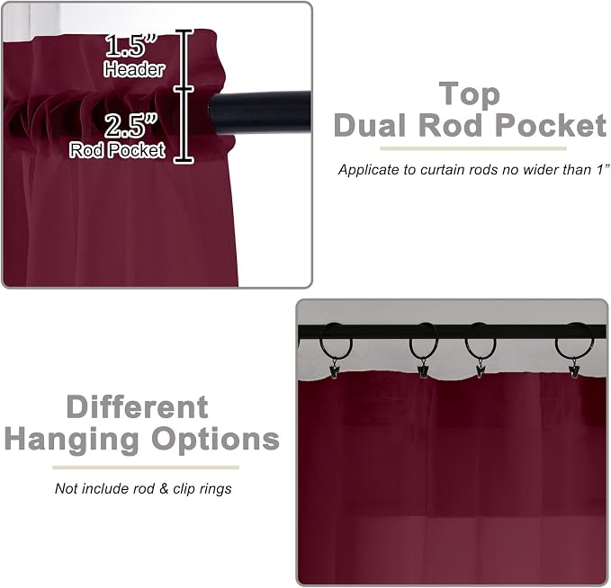 Burgundy Sheer Curtains for Bedroom Living Room 45 Inch Length 2 Panels - Image 4