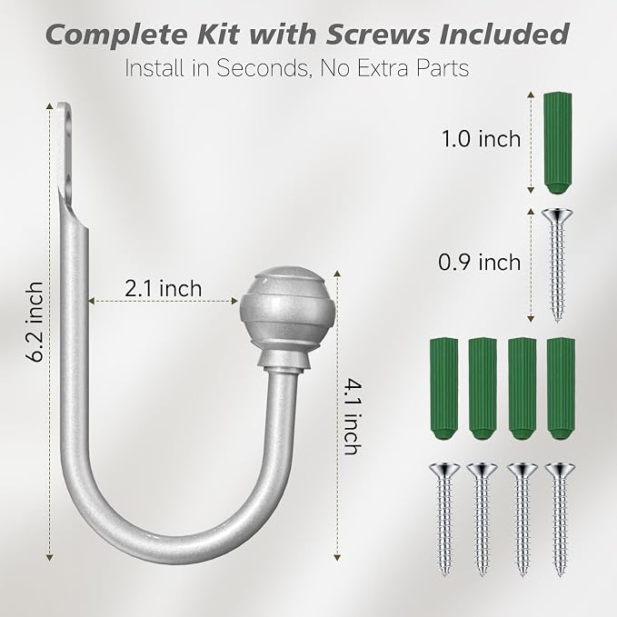 Hion Curtain Holdbacks Silver 6pcs, Curtain Tiebacks Wall Mounted Curtain Hooks - Image 2