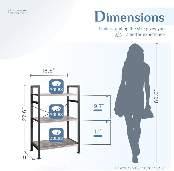DUMOS 3 Tiers Bookshelf, Classical Book Shelf, Tall Display Shelves in Living - Image 3