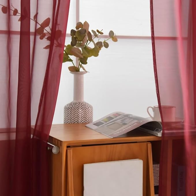 SpaceDresser Basic Rod Pocket Sheer Voile Window Curtain Panels Wine Red 1 Pair - Image 3