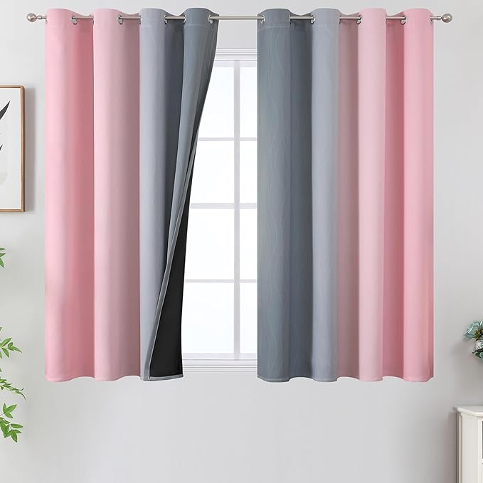 Pink and Grey Blackout Curtains 45 inches Long, Ombre Full Room Darkening by ESTELARTEXTILER