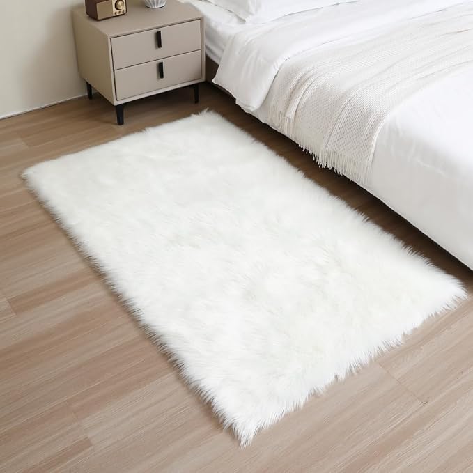 Fluffy Faux Fur Rug White Sheepskin Area Rug, 3x5 Ft Ultra Soft Shaggy Plush Rug - Image 3