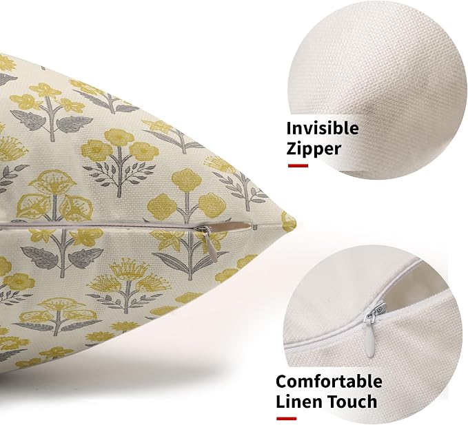 Yellow Grey Gray Floral Pillow Covers 12x20 Inch Set of 2, Block Print Lumbar - Image 2