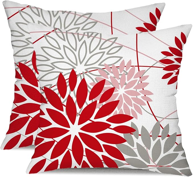 Red and Pink Grey Floral Pillow Covers 18x18 Set of 2 Outdoor Waterproof by DFXSZ