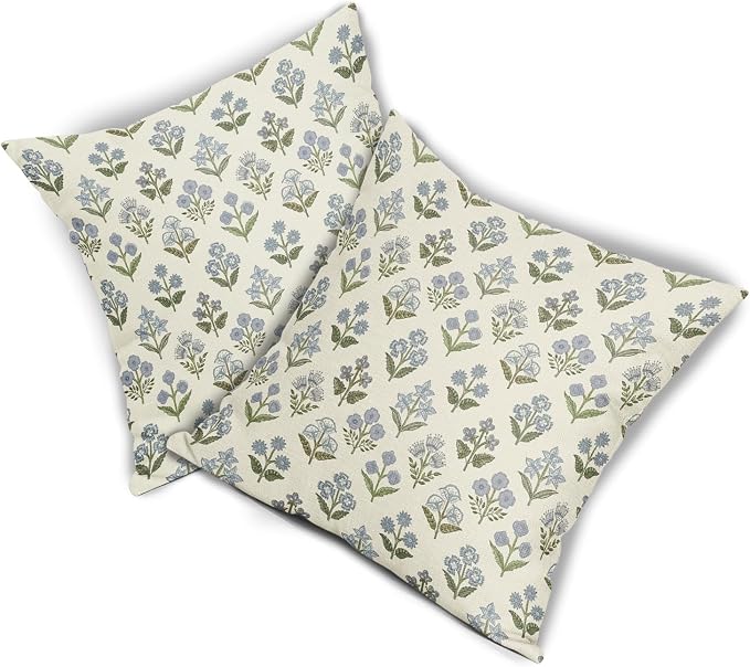 Blue Green Block Print Pillow Covers 18x18 Inch Set of 2, Vintage Floral Spring - Image 8