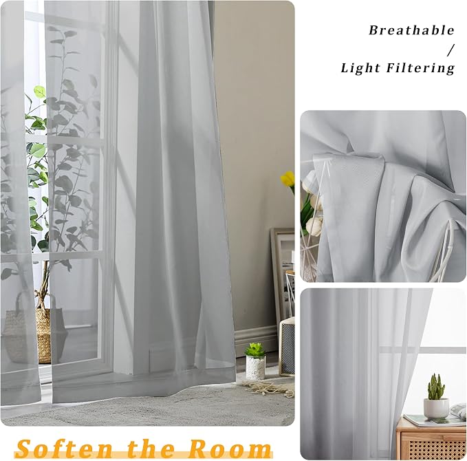 Gwine Light Grey Sheer Curtains 63 Inch Length - Image 3