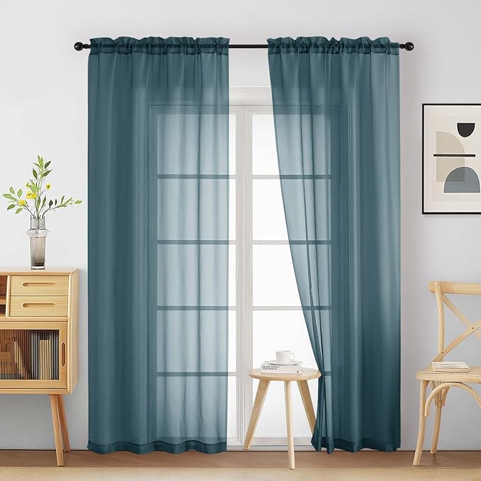 Dusty Blue Sheer Curtains 84 Inches Long 2 Panels, Elegant Airy Transparent by Home