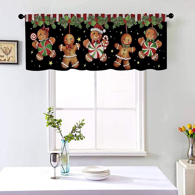 Christmas Kitchen Curtains Gingerbread Man Windows Valances Rod Pocket Curtain - Image 2