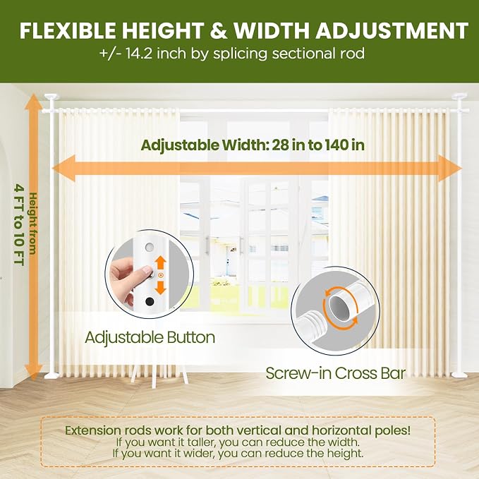 SUNALLY Room Divider Curtain Rod, No Drilling 4-10ft 28-140inch Adjustable - Image 2