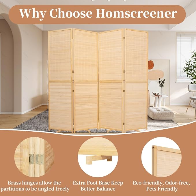 Room Divider Folding Privacy Screens, Hand-Made 67'' High Bamboo Room Dividers - Image 3