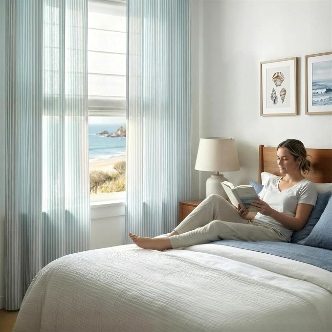 jinchan Linen Curtains for Living Room Aqua Blue Vertical Striped on White - Image 3