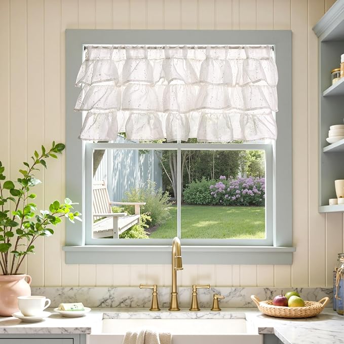 jinchan Ruffled Valance for Windows 18 Inch Mini Pom-Pom Voile Valance Curtains - Image 2