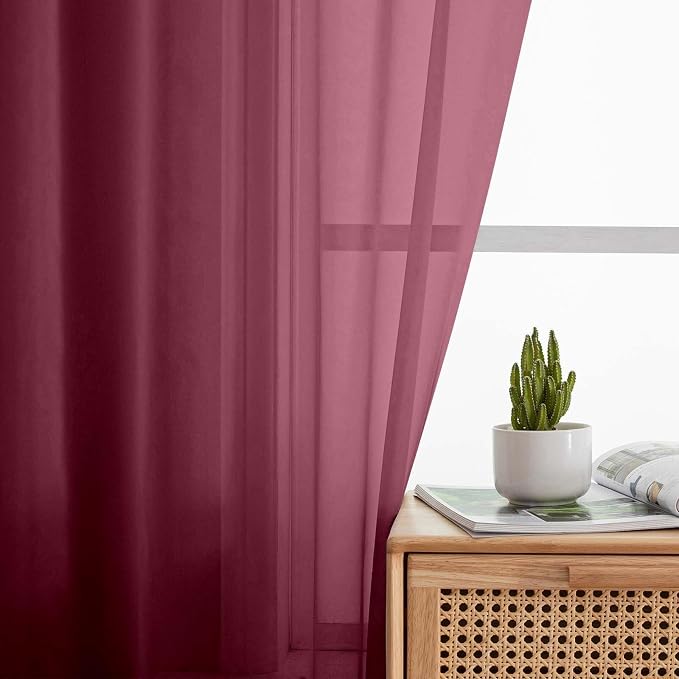 Sheer Burgundy Curtains for Bedroom Living Room 90 Inches Long 2 Panels Set - Image 6