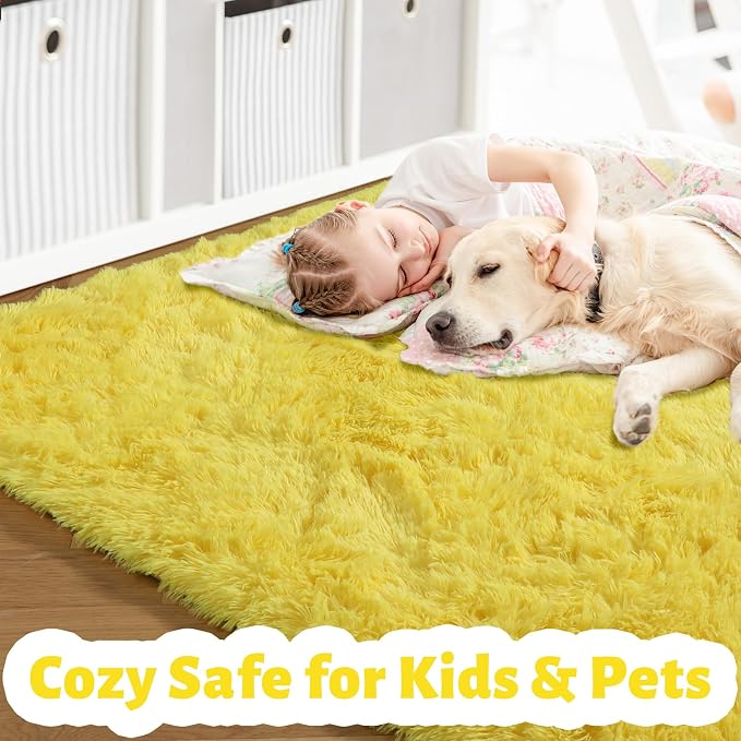 Amdrebio Yellow Area Rug for Bedroom Living Room, 5x7 Fluffy Fuzzy Plush Rugs - Image 2