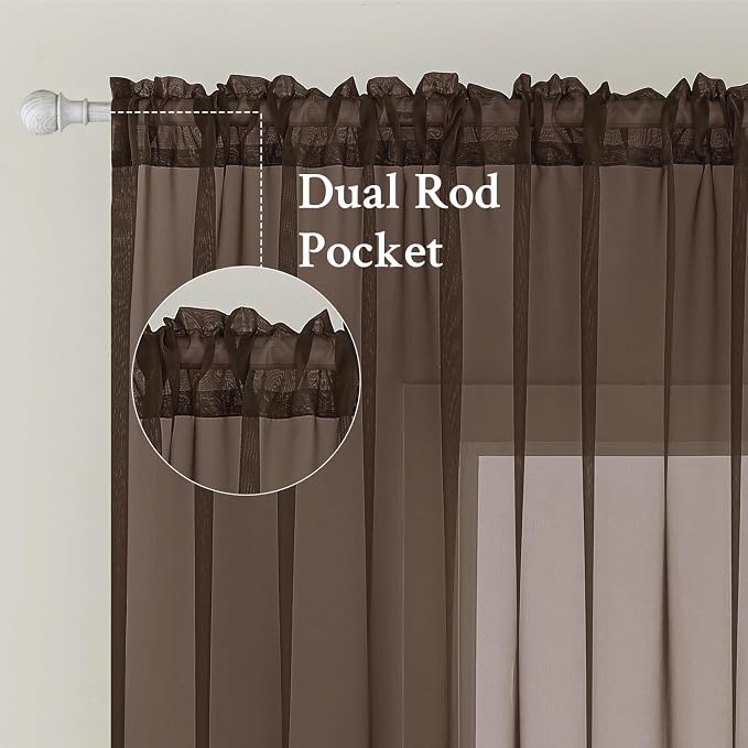 MIULEE Short Chocolate Brown Sheer Curtains 54 Inches Long, Light Filtering - Image 2