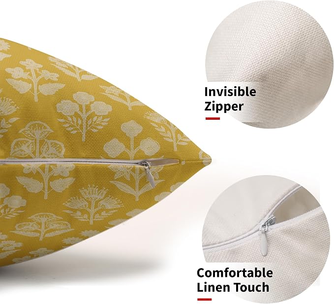 Yellow Pillow Covers 12x20 Inch Set of 2, Cream Floral Block Print Pattern - Image 2