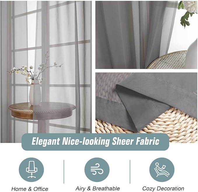 Grey Window Sheer Curtains 45 Inches Length, Voile Short Curtains - Image 4