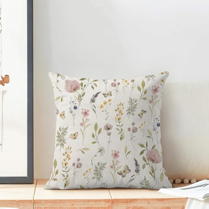 Spring Pillow Covers 16x16 Inch Set of 2, Sage Green Pink Wild Flower Throw - Image 3