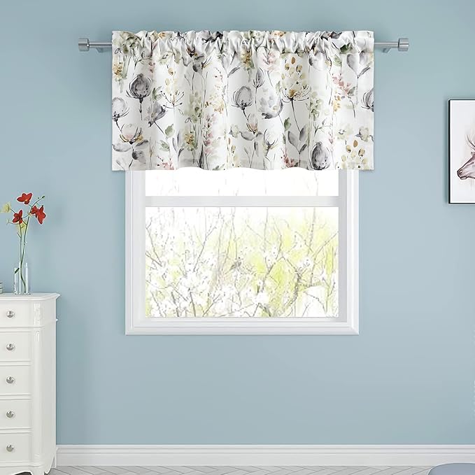 Leeva Watercolor Floral Valance Curtains, Rod Pocket Short Curtain Window - Image 3