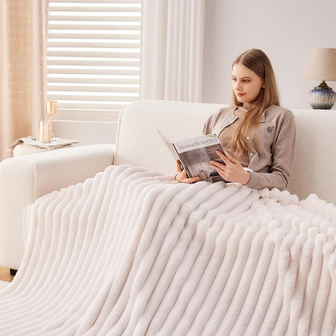 NEWCOSPLAY Super Soft Twin Blanket Ivory Premium Silky Flannel Fleece 3D Ribbed - Image 3