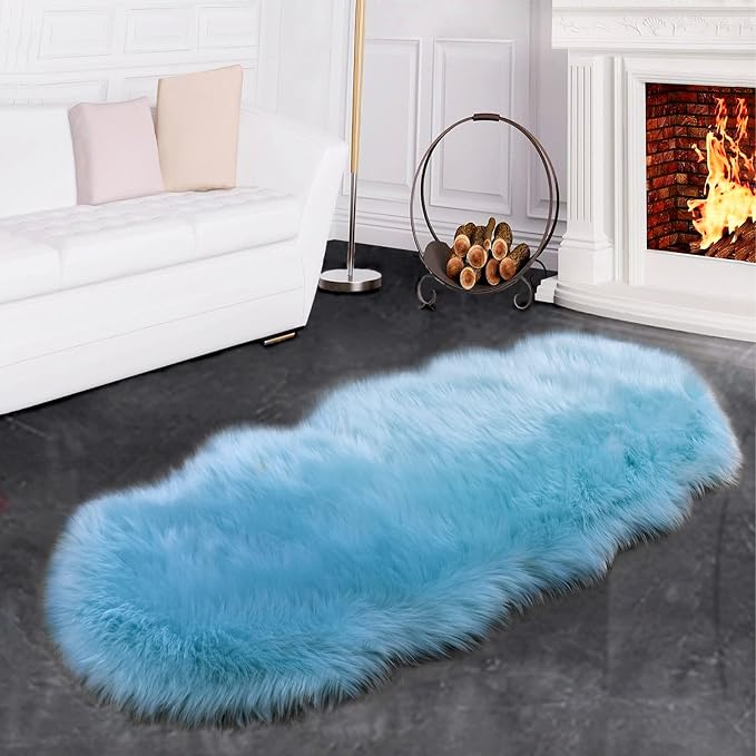 SERISSA Ultra Soft Fluffy Rug Sky Blue Faux Sheepskin Fur Rug Shaggy Couch - Image 7
