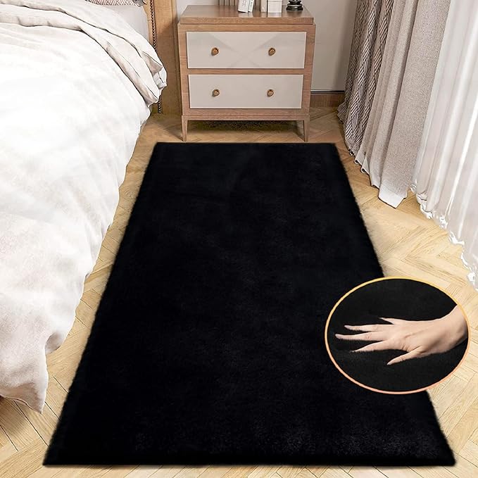 ORINOVA Black Fluffy Rug for Bedroom Shag Rug Washable Carpet Faux Rabbit Fur by ORINOVA