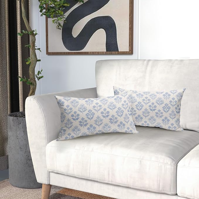 Baby Blue Floral Pillow Covers 12x20 Inch Set of 2, Vintage Flower Block Print - Image 6