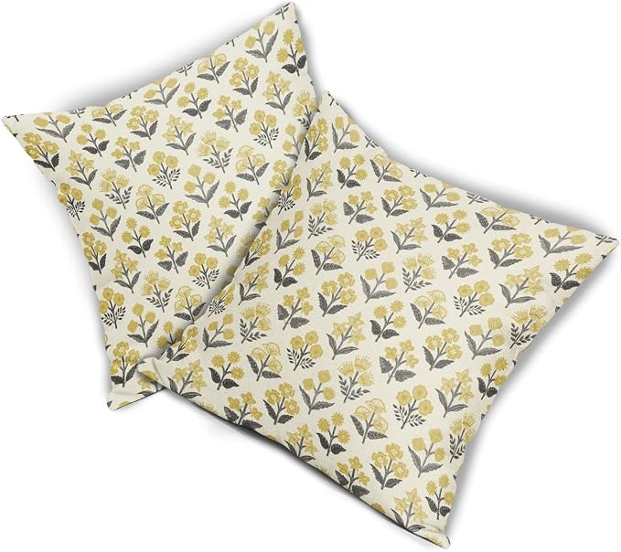 Black Yellow Floral Pillow Covers 24x24 Inch Set of 2, Vintage Flower Block - Image 8