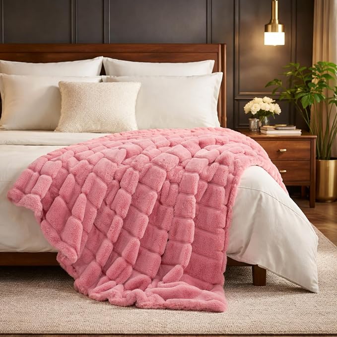 Cozy Bliss Deluxe Sheared Rabbit Faux Fur Throw Blanket, Soft Fuzzy High-Low - Image 3