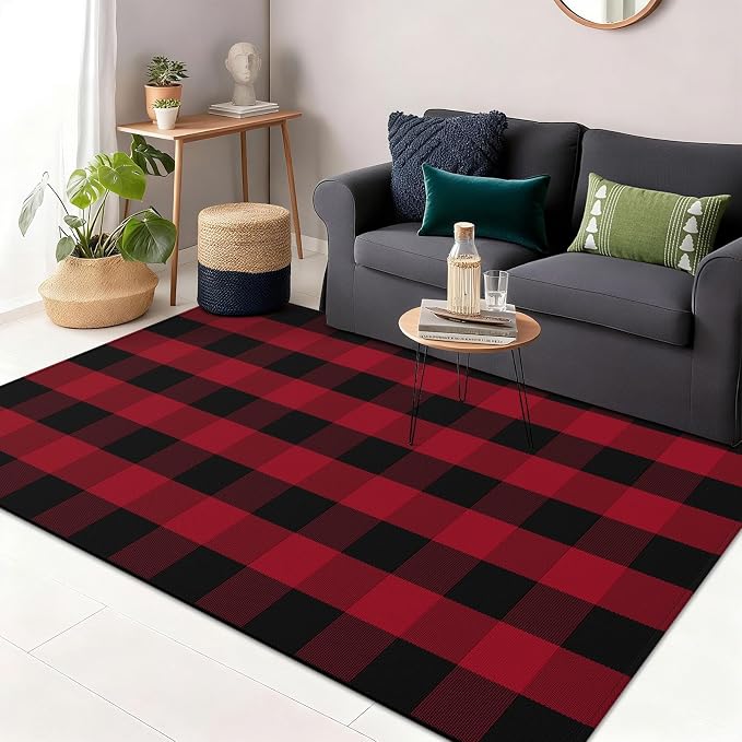 OLANLY Buffalo Plaid Rug 3' x 5' – Red and Black Cotton Checkered Doormat by OLANLY