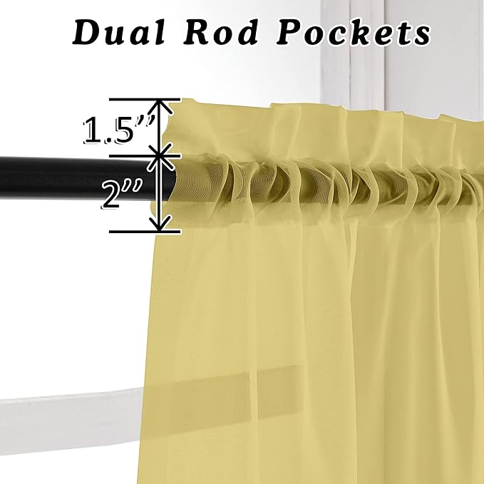 OVZME Mustard Yellow Half Window Sheer Curtains, Modern Top Dual Rod Pocket - Image 2