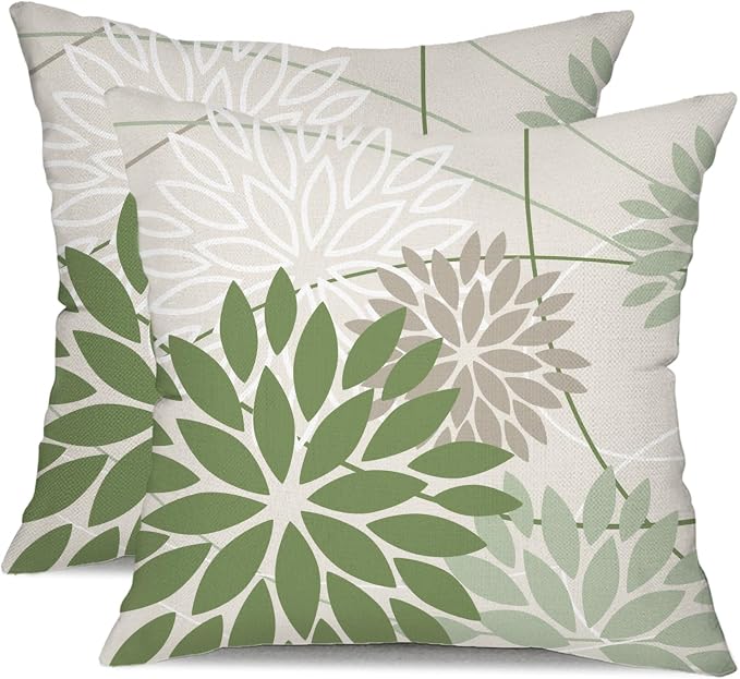 Dark Light Green and Grey Floral Pillow Covers 18x18 Set of 2 Outdoor Pillows by DFXSZ