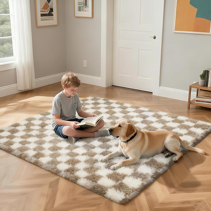 Checkered Rug for Bedroom, 3x7 Beige and White Area Rugs, Classic Checkered - Image 4