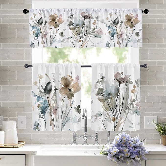 Farmhouse Kitchen Curtains Watercolor Flowers Design - Image 3