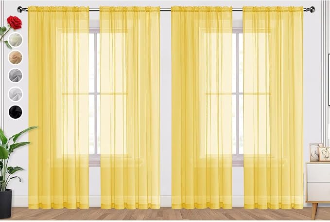 SpaceDresser Yellow Sheer Curtains 4 Panels Rod Pocket Semi-Sheer Curtain 96 by SpaceDresser