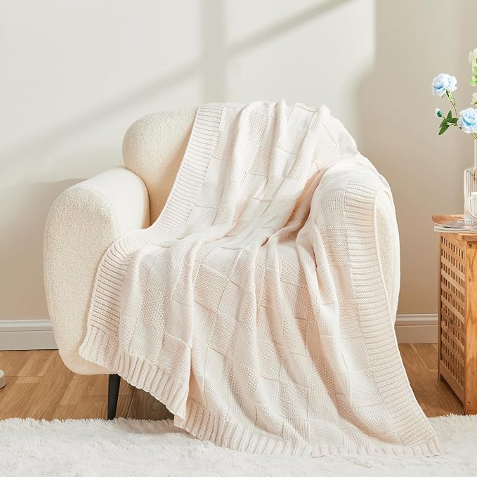 CozeCube Check Knit Throw Blanket, Cream White Checkered Throw - Image 3