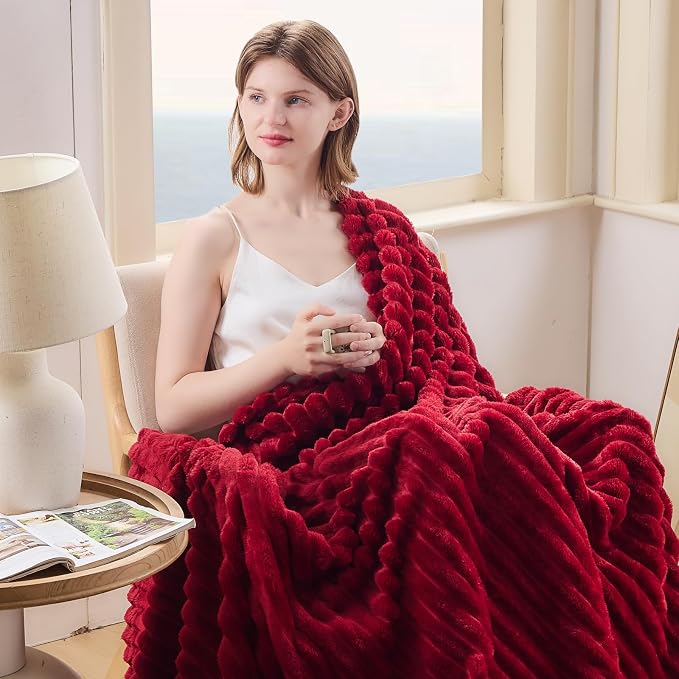 NEWCOSPLAY Super Soft Twin Blanket Red Premium Silky Flannel Fleece 3D Ribbed - Image 2