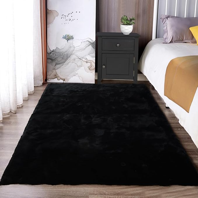 Latepis Faux Rabbit Fur 3x5 Area Rug Fluffy Black Rugs Machine Washable Shag Rug by Latepis
