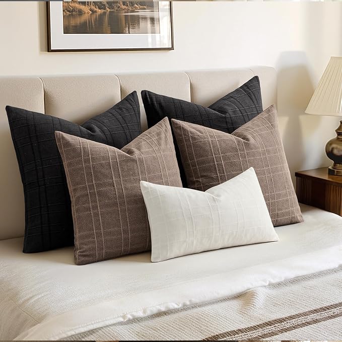 MIULEE Decorative Linen Check Euro Shams Throw Pillow Covers Neutral Farmhouse - Image 3