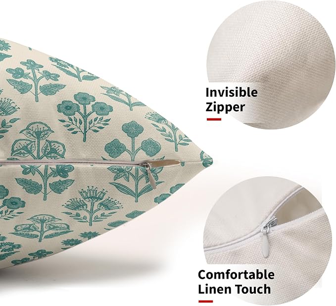 Teal Floral Pillow Covers 12x20 Inch Set of 2, Block Print Lumbar Flower Cream - Image 2