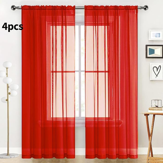 SpaceDresser Sheer Red Curtains 4 Panels Rod Pocket Semi-Sheer Curtain 45 - Image 2