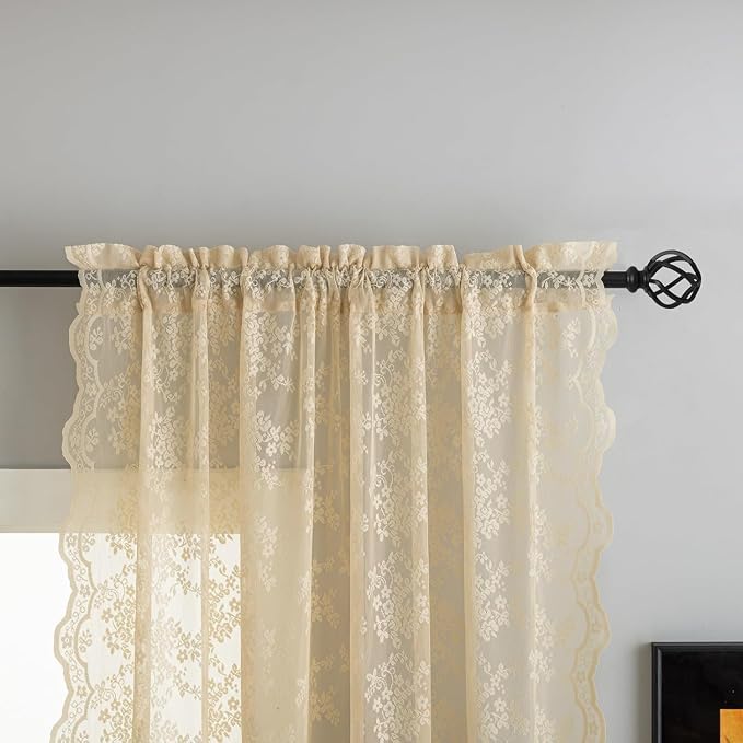 YJ YANJUN Vintage Lace Curtains 45 Inch Length- Cute Floral Cafe Curtains - Image 2