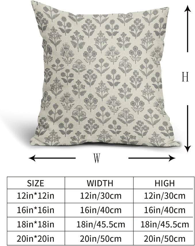 Grey Gray Floral Pillow Covers 16x16 Inch Set of 2, Vintage Flower Block Print - Image 5