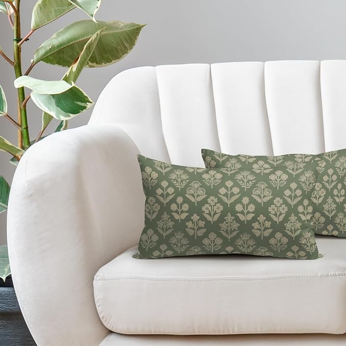 Sage Green Pillow Covers 12x20 Inch Set of 2, Cream Floral Block Print Pattern - Image 5