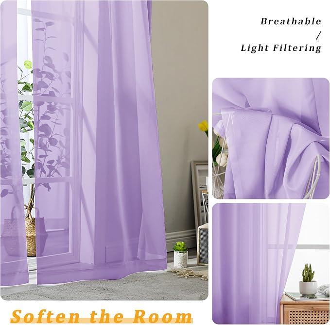 Gwine Lilac Sheer Curtains 84 Inches Long 2 Panels Set - Image 3