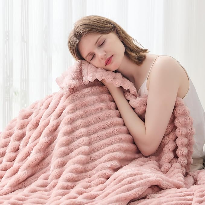 NEWCOSPLAY Super Soft Twin Blanket Pink Premium Silky Flannel Fleece 3D Ribbed - Image 3