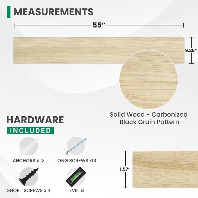 Solid Wood Floating Shelves For Wall, 55”W x 9”D x 1.56”H Large Wall Shelves - Image 2