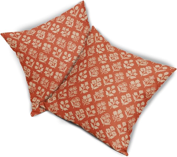 Dark Orange Floral Block Print Pillow Covers 20x20 Inch Set of 2, Vintage - Image 8