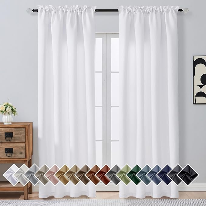 OVZME Pure White Curtains for Bedroom 90 Inch Length 2 Panels, Solid Thermal by OVZME