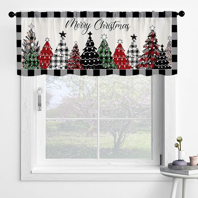 Christmas Kitchen Curtains Christmas Tree Windows Valances Rod Pocket Curtain - Image 4